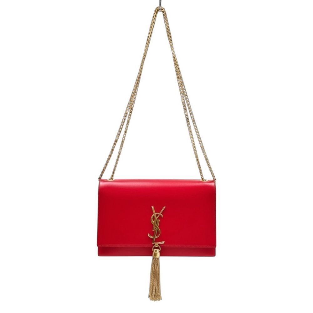 Auth Saint Laurent Red Leather Pompom Kate Clutch Pouchette Tassel Preloved Ex++